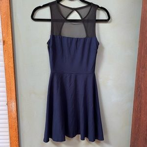 Open back, mesh top, blue cocktail dress. Size: Small.